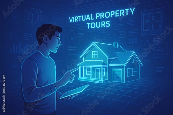 Fototapeta A digital illustration showcasing a person interacting with a virtual property tour on a tablet, emphasizing innovation in real estate and technology advancements.