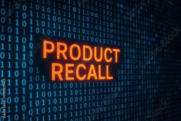 Fototapeta A digital representation of a product recall alert, featuring bold neon letters against a backdrop of binary code. This image symbolizes technology and consumer safety in commerce.