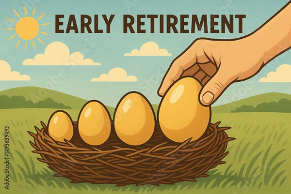 Fototapeta A conceptual illustration focusing on early retirement, featuring a hand selecting golden eggs from a nest amidst a serene landscape, symbolizing financial security and dreams.