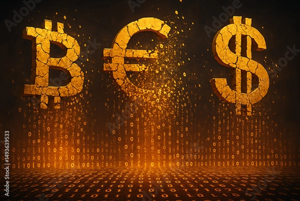 Fototapeta A digital representation of major currencies including Bitcoin, Euro, and Dollar, illuminated in a golden hue, symbolizing the future of finance and digital economy.