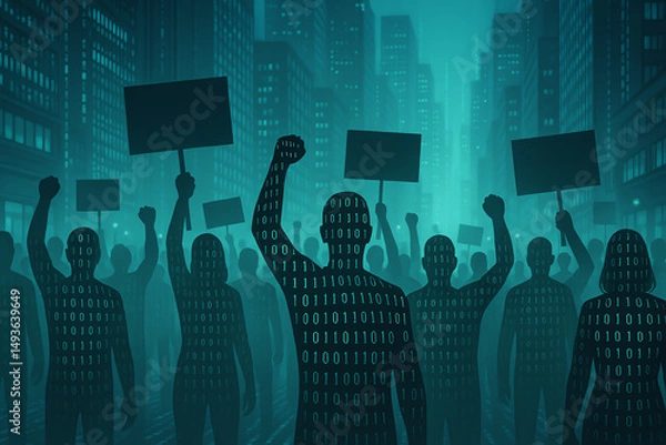 Fototapeta A striking representation of modern protest, featuring digital silhouettes of people holding signs in an urban landscape. The imagery conveys unity and social change.