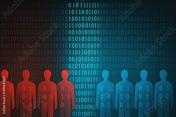 Fototapeta An abstract representation of digital data and cyber identity, showcasing binary code against silhouettes of people in red and blue, symbolizing the intersection of human and digit
