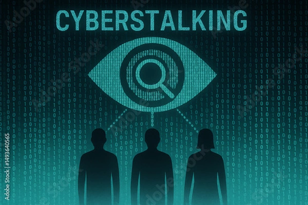 Fototapeta An abstract digital illustration depicting the concept of cyberstalking, featuring silhouettes under the eye of surveillance, symbolizing privacy concerns and online harassment.