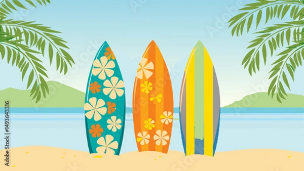 Fototapeta Colorful surfboards stand ready for a day of fun and adventure on a sandy beach with palm trees
