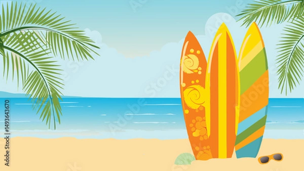 Fototapeta Vibrant surfboards stand ready for adventure soaking up the summer sun on a tropical beach with