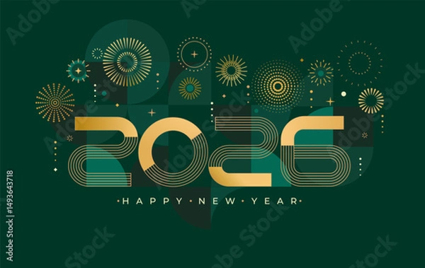 Fototapeta Luxury 2026 New Year.Elegant card for event with abstract golden fireworks and golden numbers on deep green background with geometric pattern. Template for poster,flyer,web,banner. Vector illustration