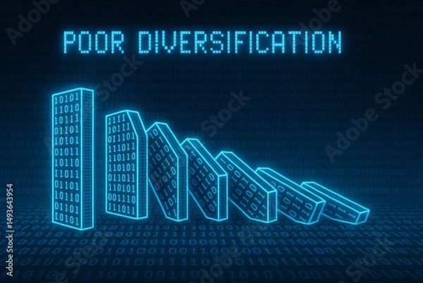 Fototapeta A conceptual digital image illustrating the concept of poor diversification in investments, featuring a series of dominoes representing falling economic growth.