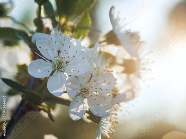 Obraz Close-up beautiful white cherry blossoms, cherry tree branches full of flowers in spring in beautiful sunlight