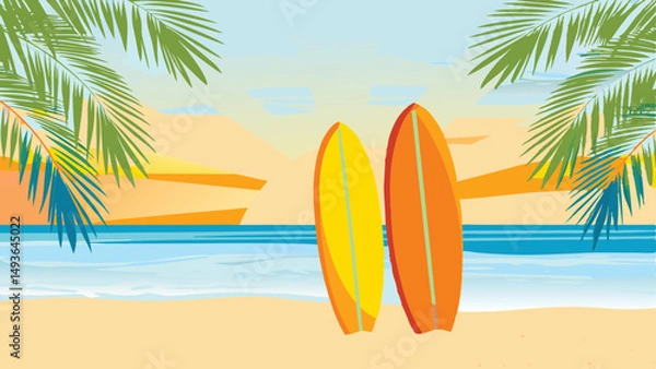 Fototapeta A vibrant coastal scene with two surfboards ready for adventure embodying freedom and island vibes
