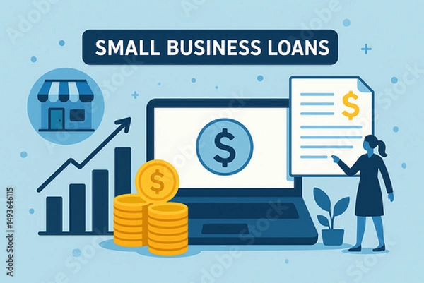 Fototapeta Illustration representing small business loans, featuring a laptop with financial documents, coins, and a growth chart for visualizing loan opportunities.