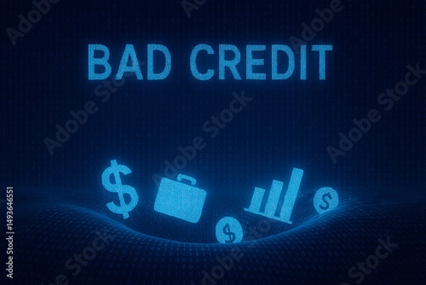 Fototapeta A digital representation of bad credit, featuring icons like money, a briefcase, and a graph on a blue background. This image highlights financial challenges.