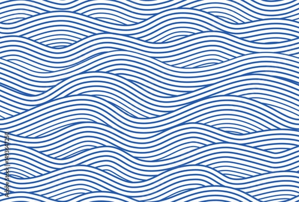 Fototapeta Blue water wave line pattern background. Handmade vector illustration. Japanese style concept.