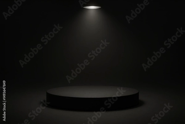 Obraz Black podium illuminated by spotlight in dark studio setting for product display and presentation