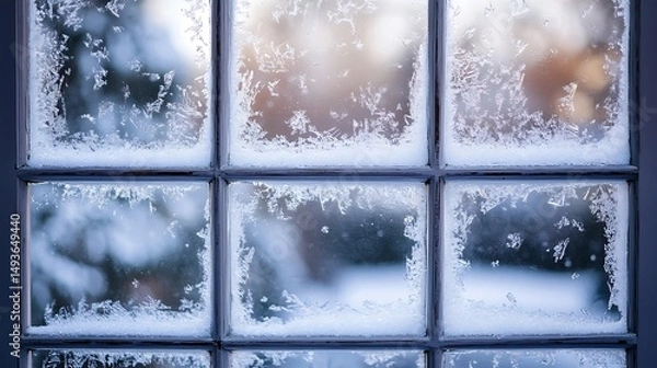 Obraz Frozen window panes displaying intricate ice patterns.