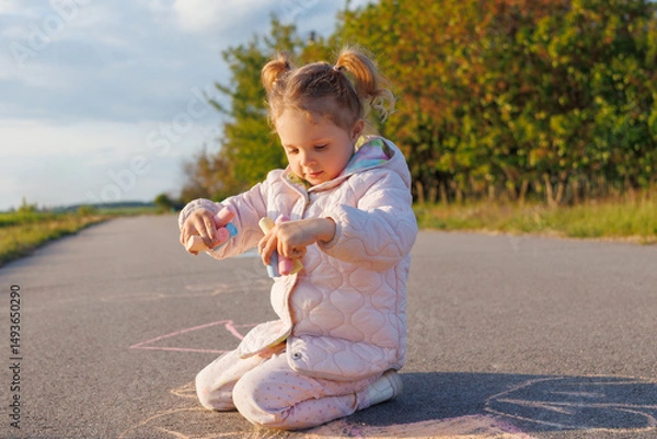 Fototapeta A cute girl in a pink jacket sits on asphalt, focused on holding and examining colorful chalk, surrounded by drawings on a sunny day.