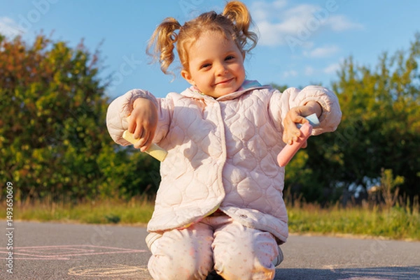 Fototapeta A charming toddler in a pink jacket smiles at the camera, holding chalk and kneeling on asphalt with trees in the background on a sunny day.