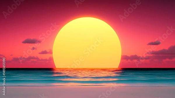 Obraz Serene Sunset Over Calm Ocean Waters with Vibrant Pink Sky, Tranquil Horizon Landscape, and Peaceful Beach Scenery.