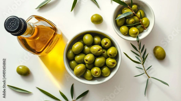 Fototapeta Fresh Green Olives and Olive Oil on a White Surface