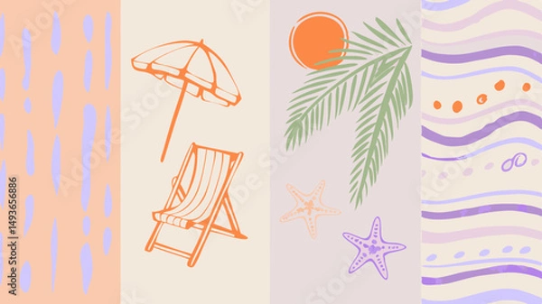 Fototapeta Dreaming of a serene beach vacation with sun umbrella and starfish in a playful summer color palette