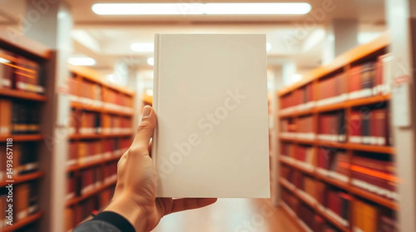 Fototapeta Hand holding a blank book in a library setting