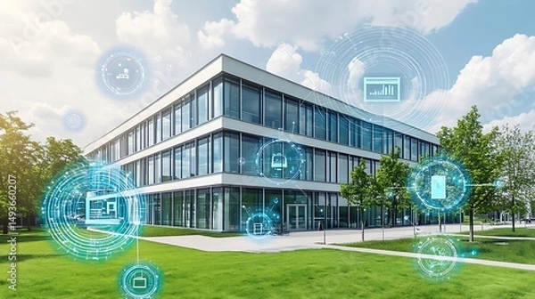 Obraz A futuristic smart building with integrated energy management and automation systems