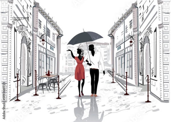 Obraz Series of city backgrounds with french architecture decorated with flowers, street cafes and a romantic couple. Hand drawn vector illustration.