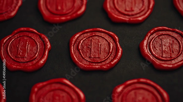 Fototapeta Collection of crimson wax seals with initial imprints on a dark textured background for graphic projects.