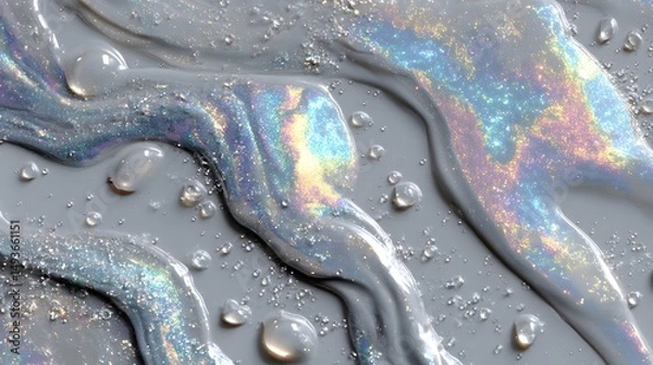 Obraz Colorful abstract pattern, fluid shapes with iridescent sheen on gray surface, ideal for creative backgrounds and designs.