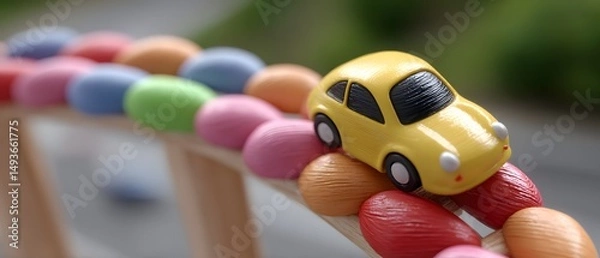 Obraz Colorful car toy navigating a vibrant bead track, playful design, perfect for stimulating creativity, great for children's play.