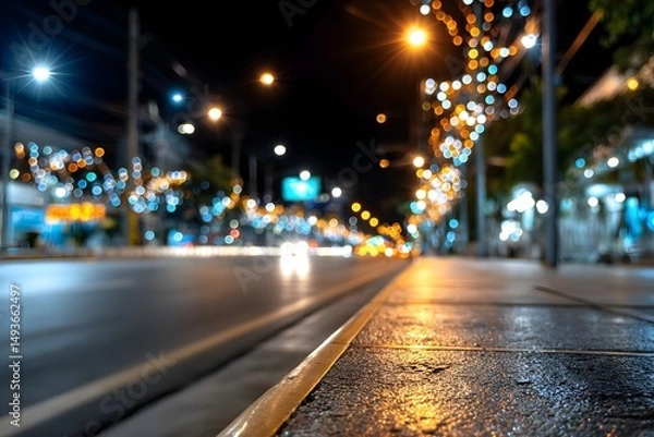 Obraz Empty urban street at night, illuminated by colorful lights, wet pavement reflecting neon glow, serene and atmospheric scene.