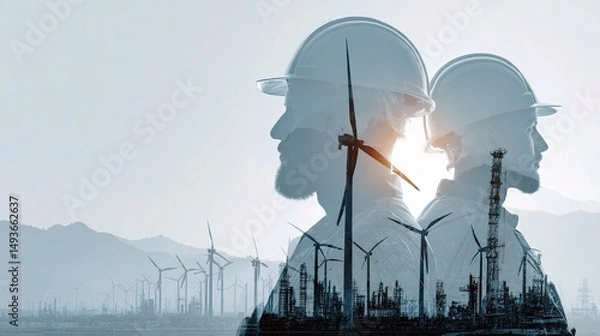 Fototapeta Team of Engineers Overlooking Industrial Equipment and Wind Turbines