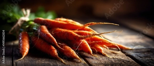 Obraz Freshly harvested carrots, vibrant orange root vegetables with green tops, arranged artistically on a rustic wooden surface.