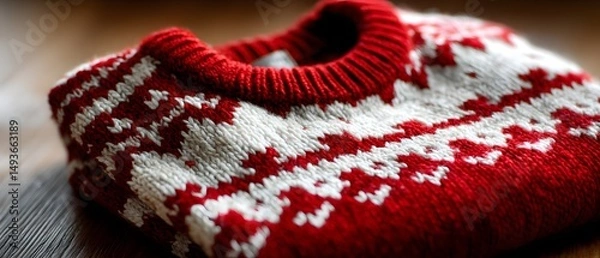 Obraz Cozy knit sweater, warm red and white pattern, perfect for winter fashion, inviting texture for seasonal styling.