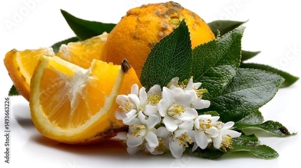 Obraz Fresh citrus arrangement, vibrant yellow lemons with green leaves and white blossoms, perfect for refreshing recipes or decor.