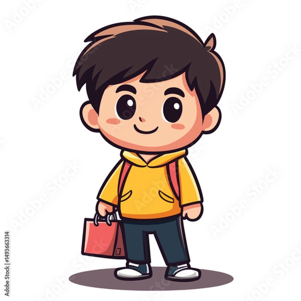 Obraz Cartoon Boy with Backpack and Red Bag Smiling with Dark Hair