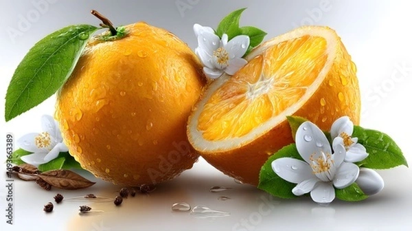 Obraz Fresh citrus fruit, vibrant oranges with leaves and blossoms, perfect for juice or healthy snacks, bright and inviting colors.