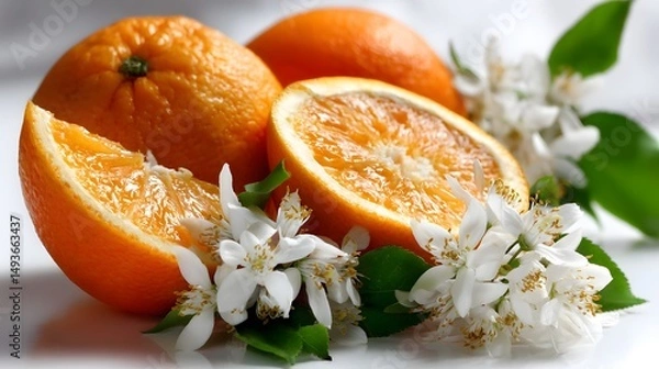 Obraz Fresh oranges with floral accents, vibrant citrus fruits cut open revealing juicy segments, ideal for culinary or health themes.