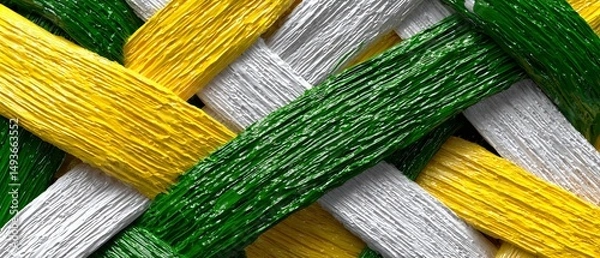 Obraz Colorful woven texture, vibrant green yellow and white strands intertwined, ideal for creative design backgrounds and textiles.