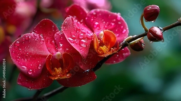 Obraz Vibrant pink orchid flowers, lush green background, delicate petals shining, ideal for nature themes or floral designs.