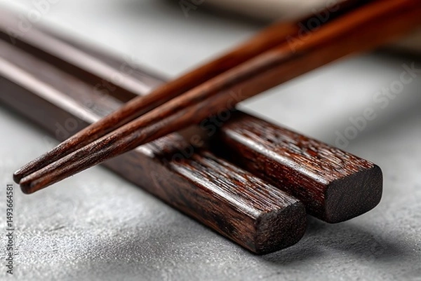Obraz Elegant wooden chopsticks resting on a textured surface, highlighting culinary culture and dining aesthetics, space for text.