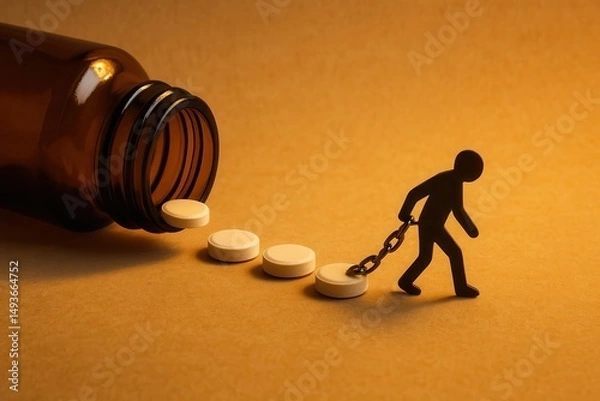 Fototapeta Stylized man chained to pills spilling from a pill bottle representing drug addiction