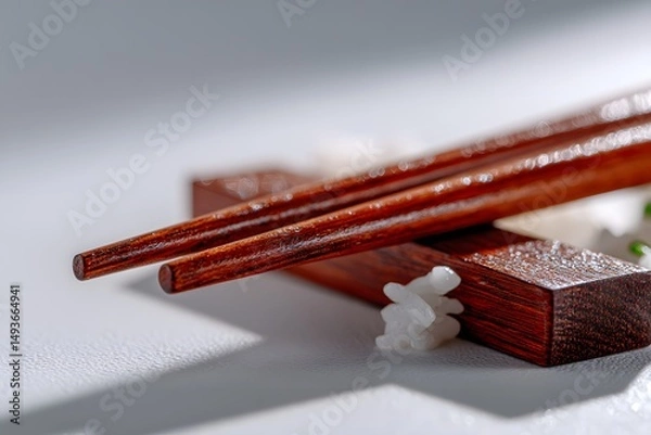 Obraz Elegant chopsticks resting on wooden holders, showcasing rich textures and colors, perfect for culinary presentation or dining themes.