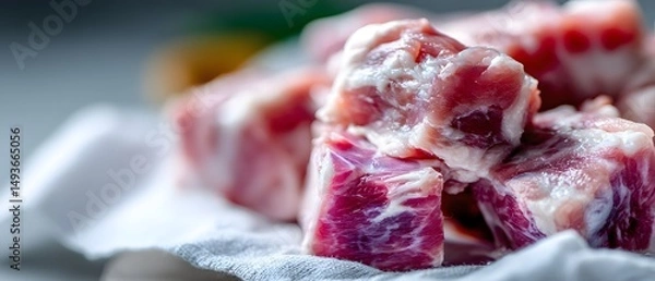 Obraz Freshly cut meat on a cutting board, vibrant red and marbled sections, ideal for culinary presentations or recipes.