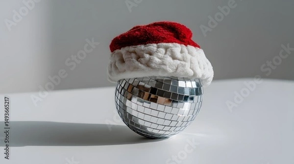 Obraz Decorative silver ornament, shiny spherical design with red and white fabric top, festive holiday decor for celebration.