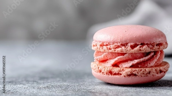 Obraz Delicious pink macaron on a marble surface, sweet dessert with creamy filling, perfect for showcasing culinary delights.