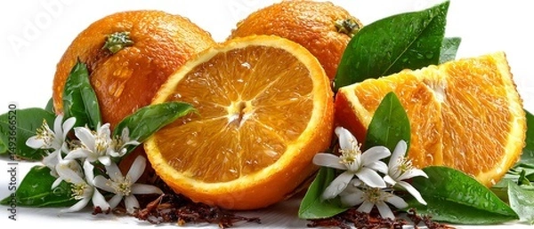 Obraz Fresh oranges with vibrant green leaves, juicy slices and aromatic blossoms, perfect for healthy recipes and vibrant displays.