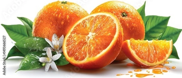 Obraz Fresh ripe oranges with green leaves, vibrant color, ideal for health themes, promoting citrus benefits, copy-space available.