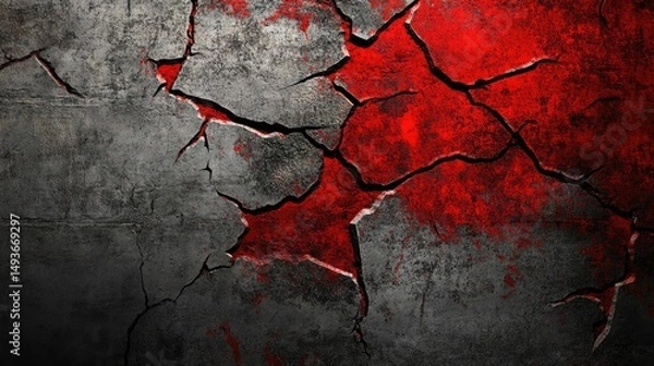 Fototapeta Cracked concrete wall with red paint and grunge texture background