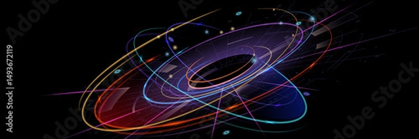 Fototapeta Circular fantasy background. Abstract glowing circular rays of light on black background with digital elements.
