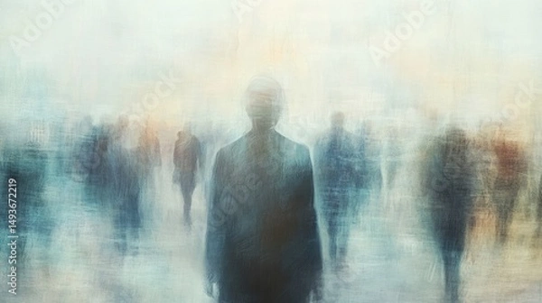 Fototapeta Abstract painting of people walking in a misty environment
